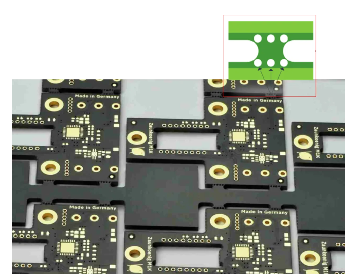 PCB异形板拼板邮票孔V-cut和CNC锣边路径示意图